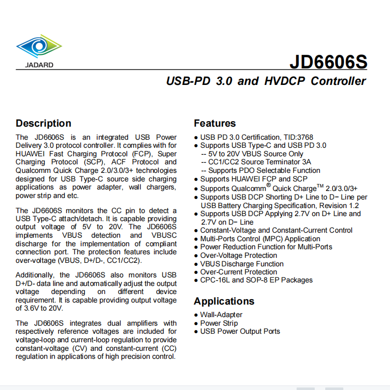 20W PD協(xié)議芯片 JD6606SASP多協(xié)議控製器 20W PD協(xié)議芯片 JD6606SASP多協(xié)議控製器