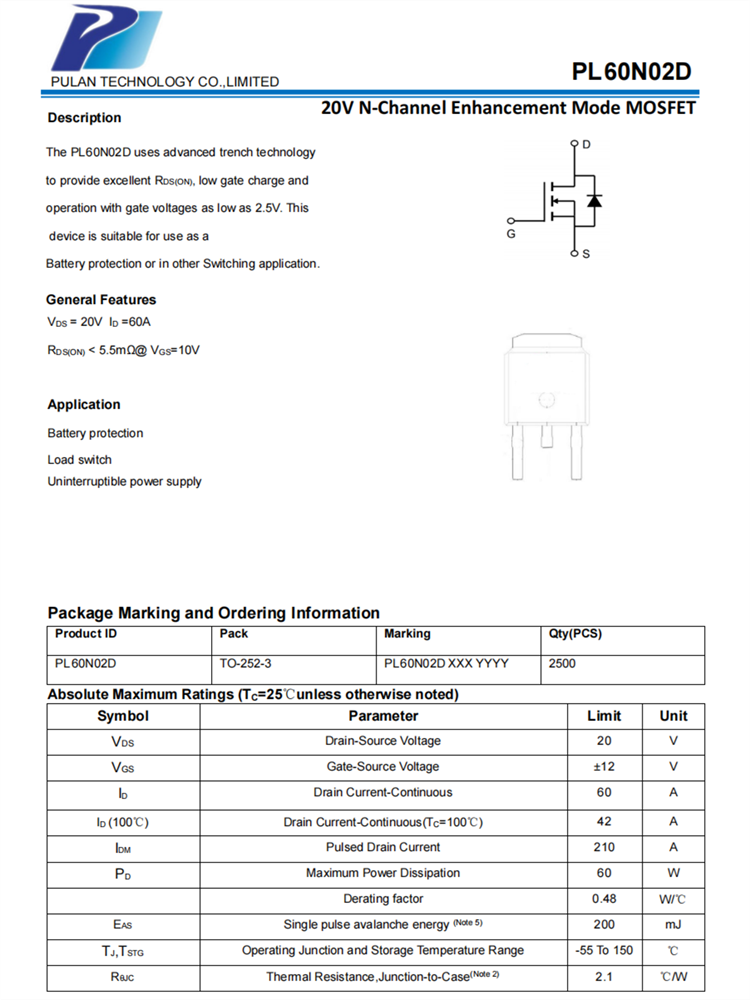 PL60N02D 20VN通道增強模式MOSFET場效應(yīng)管 PL60N02D 20VN通道增強模式MOSFET場效應(yīng)管