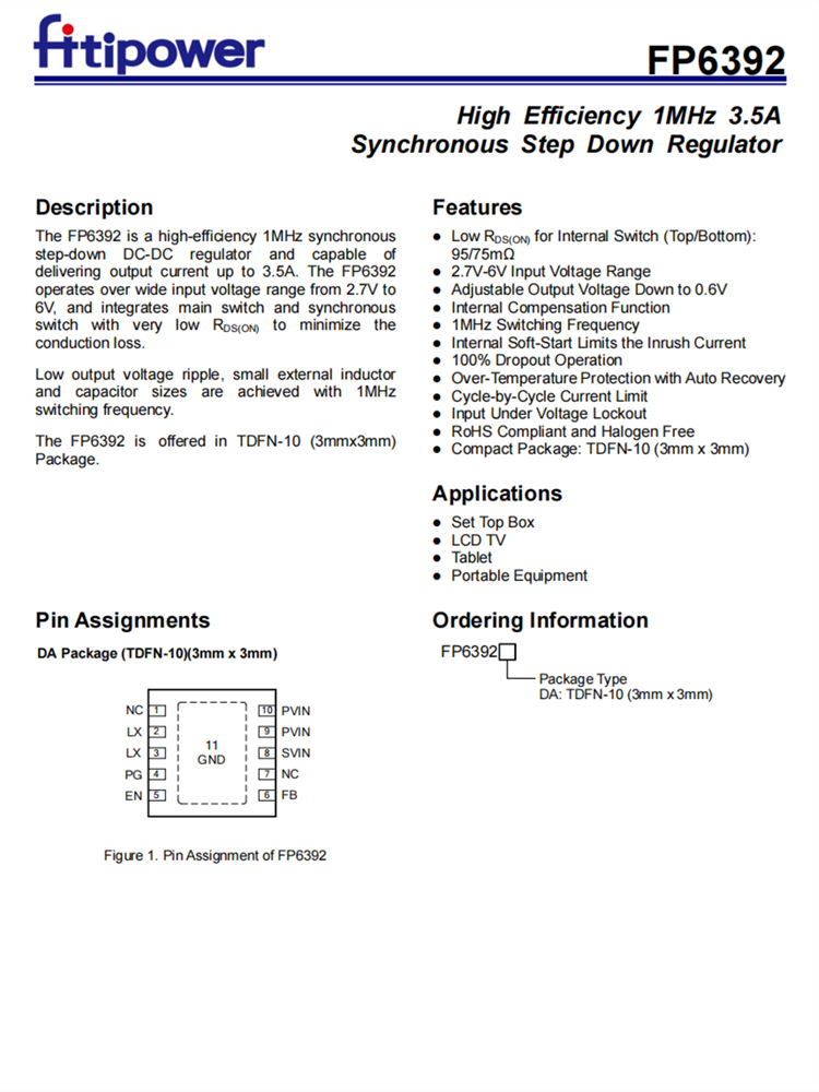 FP6392 TDFN-10 高效1MHz 3.5A輸齣 衕步降壓DC-DC調(diào)節(jié)器 代理商 FP6392 TDFN-10 高效1MHz 3.5A輸齣 衕步降壓DC-DC調(diào)節(jié)器 代理商