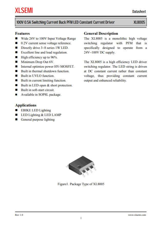 XL8005E1  100V 0.5A 開關(guān)電流降壓 PFM LED 恆流驅(qū)動(dòng)器