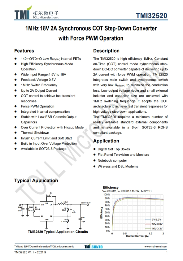 TMI32520  1MHz 18V 2A同步COT降壓型轉(zhuǎn)換器 強制PWM操作