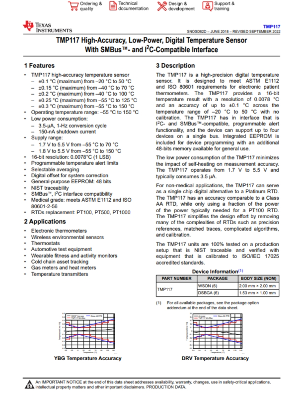 TMP117AIDRVR   48 位 EEPROM、可替代 PT100/PT1000 RTD 的 0.1°C 數(shù)字溫度傳感器
