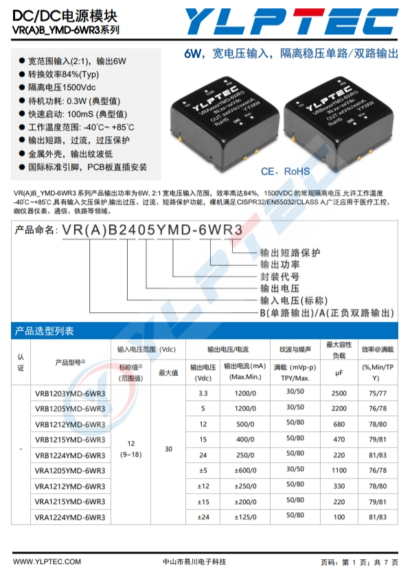 VRB2405YMD-6WR3  6W，寬電壓輸入，隔離穩(wěn)壓單路/雙路輸齣