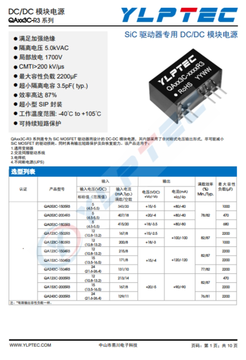 QA123C-1504R3 SiC 驅(qū)動器專用 DC/DC 模塊電源 QA123C-1504R3 SiC 驅(qū)動器專用 DC/DC 模塊電源
