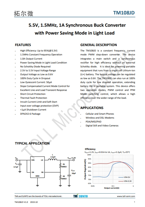 TM108JD   5.5V、1.5MHz、1A同步降壓轉(zhuǎn)換器 輕載時具有省電模式