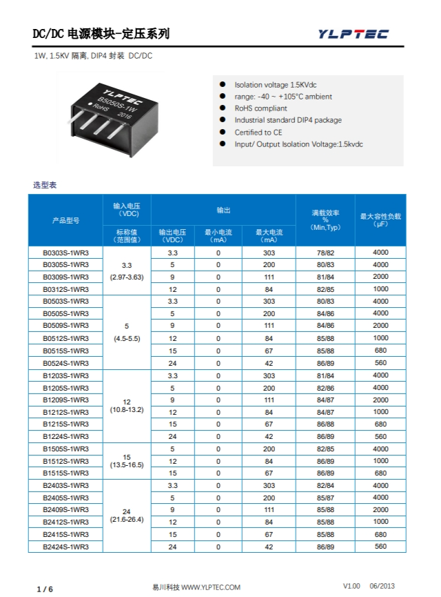 B0524S-1WR3 輸入電壓4.5V~5.5V 輸齣電壓24V輸齣功率1W42mA B0524S-1WR3 輸入電壓4.5V~5.5V 輸齣電壓24V輸齣功率1W42mA