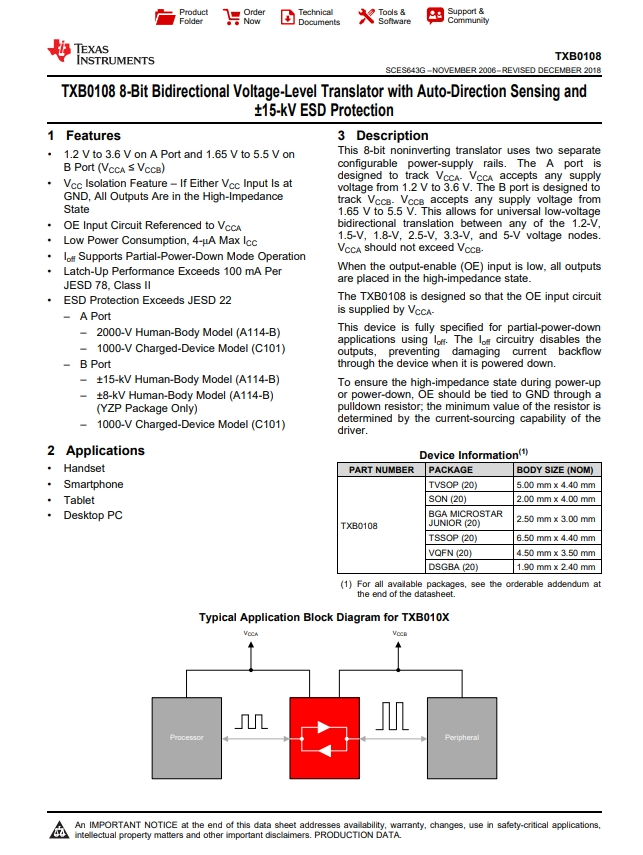 TXB0108RGYR 具有自動方向感應(yīng)和 +/-15kV ESD 保護(hù)的 8 位雙向電壓電平轉(zhuǎn)換器 TXB0108RGYR 具有自動方向感應(yīng)和 +/-15kV ESD 保護(hù)的 8 位雙向電壓電平轉(zhuǎn)換器