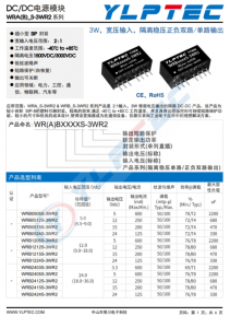 WRA2415S-3WR2  3W，寬壓輸入，隔離穩(wěn)壓正負(fù)雙路/單路輸出